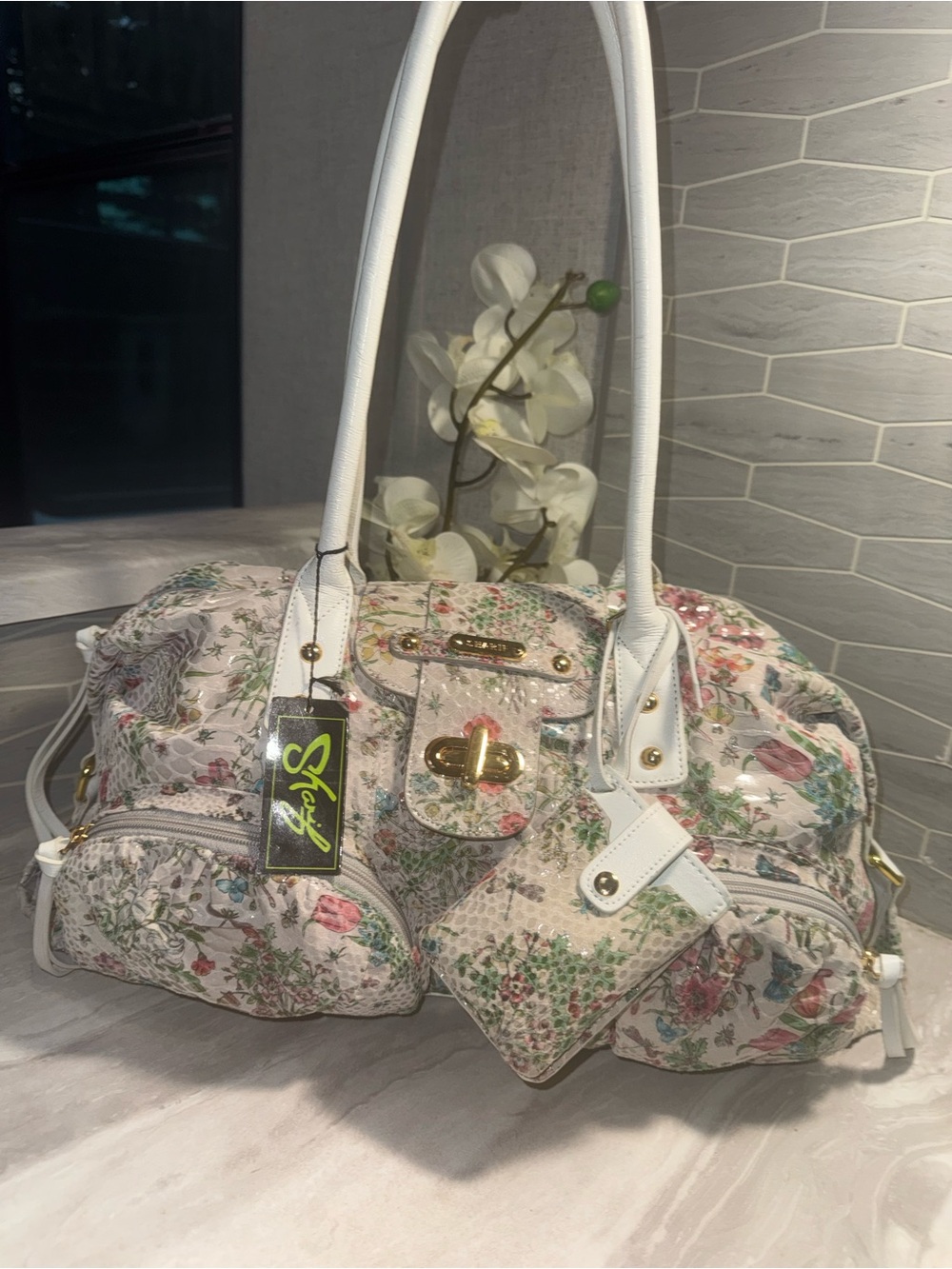 NWT Sharif Shimmer Floral Print Shoulder Bag Gold Tone Hardware & Removal Pouch
